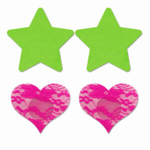 Set caches-tétons étoile vert fluo et coeur rose fluo